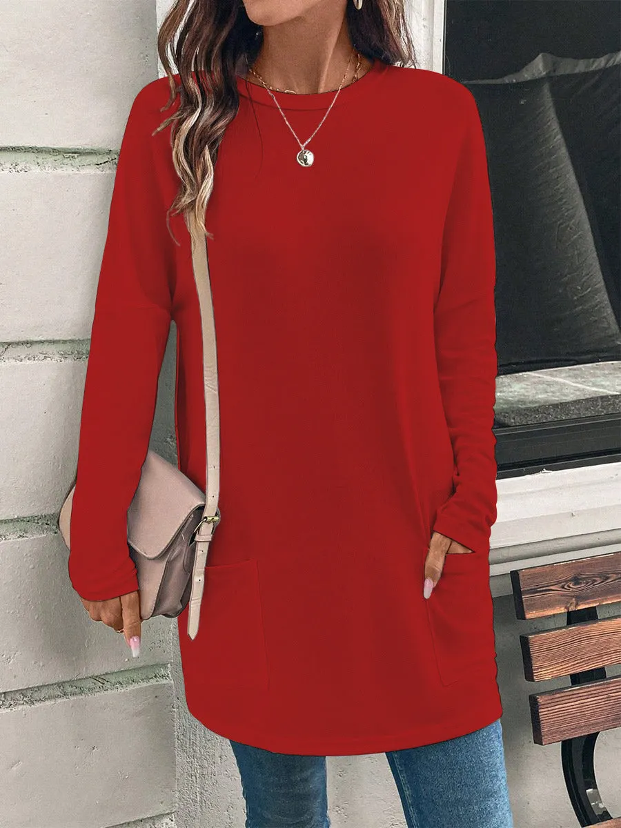 Solid Color Long Sleeve Loose Round Neck Pocket Top T-shirt