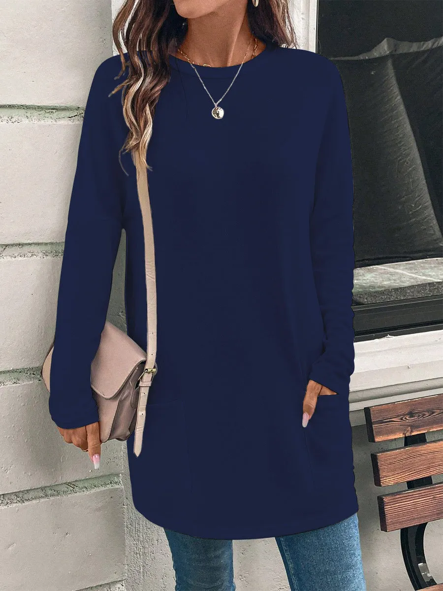 Solid Color Long Sleeve Loose Round Neck Pocket Top T-shirt