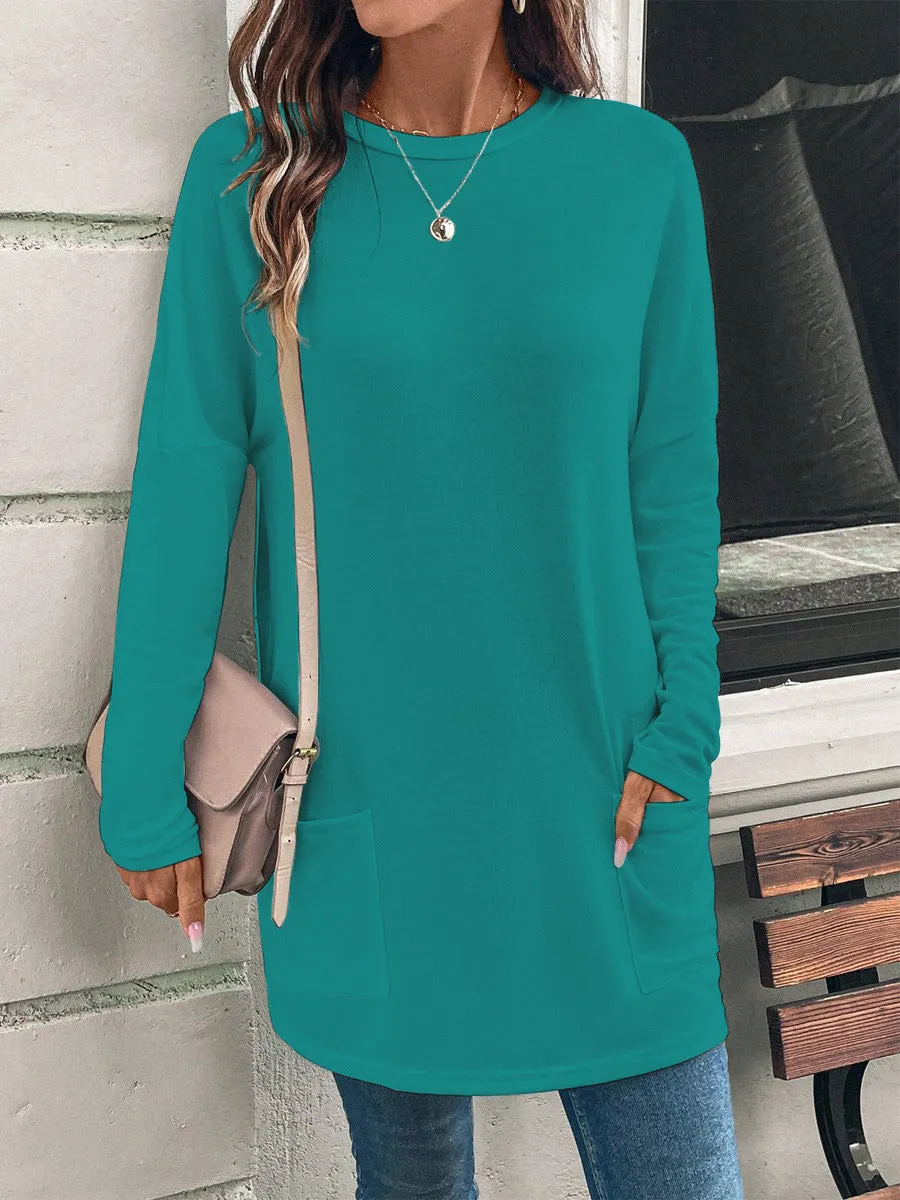 Solid Color Long Sleeve Loose Round Neck Pocket Top T-shirt