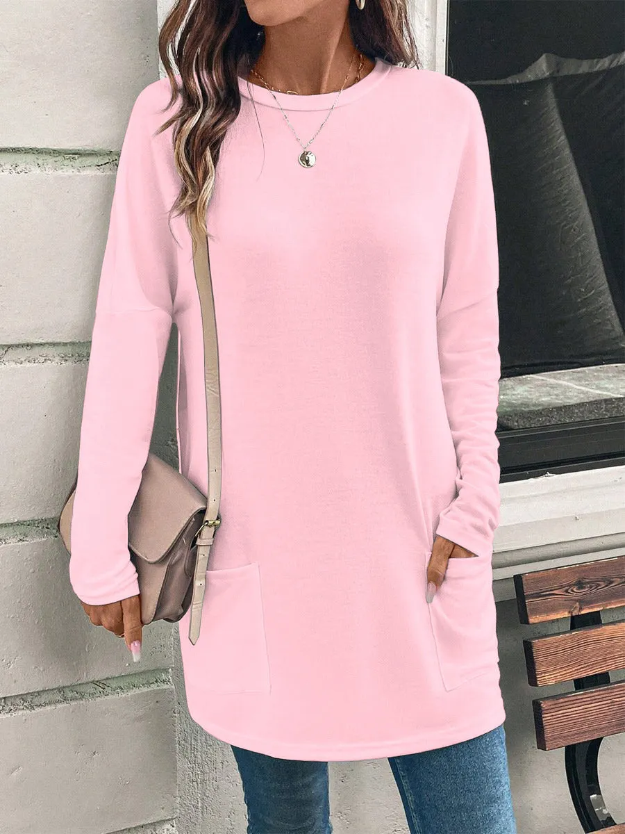 Solid Color Long Sleeve Loose Round Neck Pocket Top T-shirt