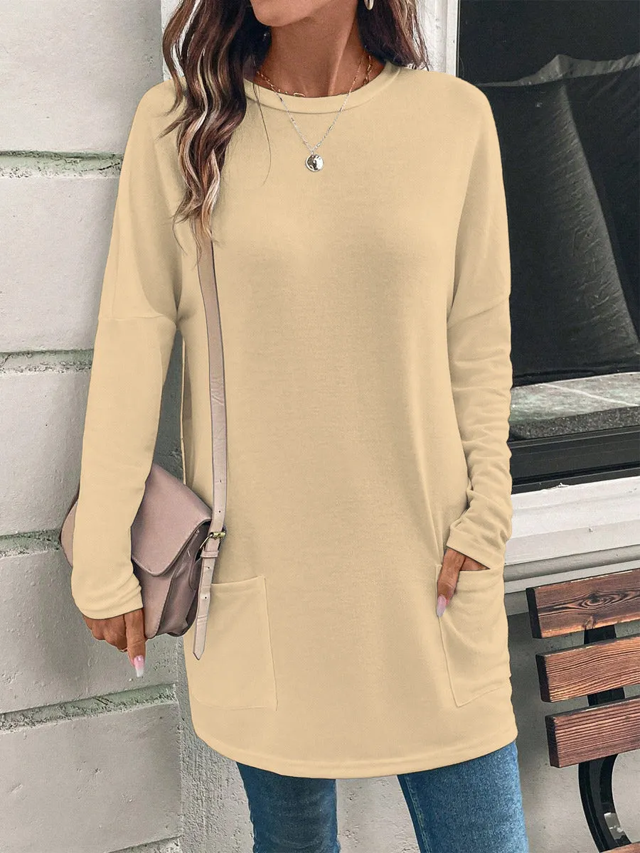 Solid Color Long Sleeve Loose Round Neck Pocket Top T-shirt
