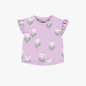 T-shirt ample lilas à motifs de jolies tulipes en jersey extensible, bébé || Loose-fitting lilac t-shirt with tulip all over print in stretch jersey, baby
