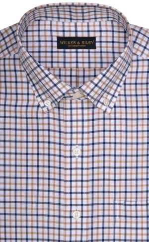 Tailored Fit Tan / Navy Twill Check Supima® Cotton Non-Iron Button-Down Collar Sport Shirt (B/T)
