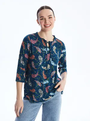 Tie Collar Patterned Women's T-Shirt