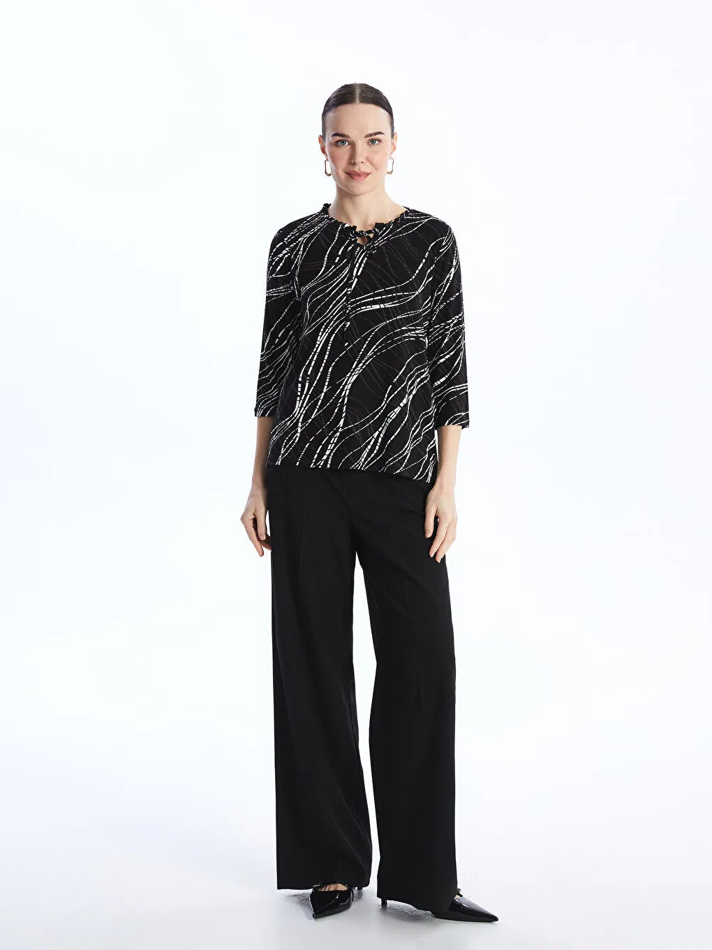 Tie Collar Patterned Women's T-Shirt