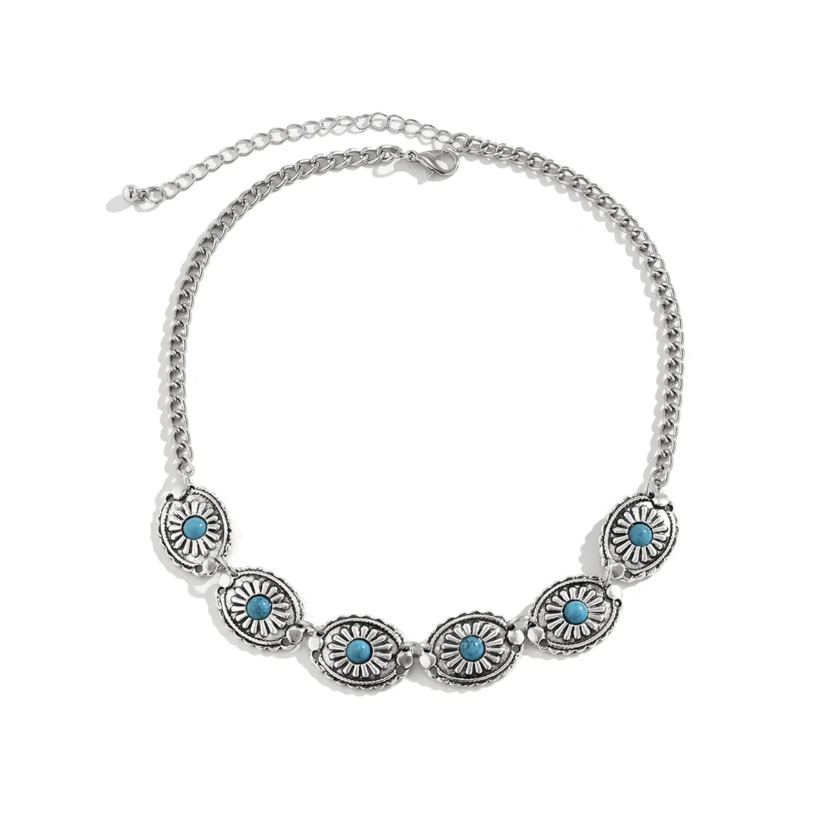Turquoise & Silver-Plated Floral Oval Station Necklace
