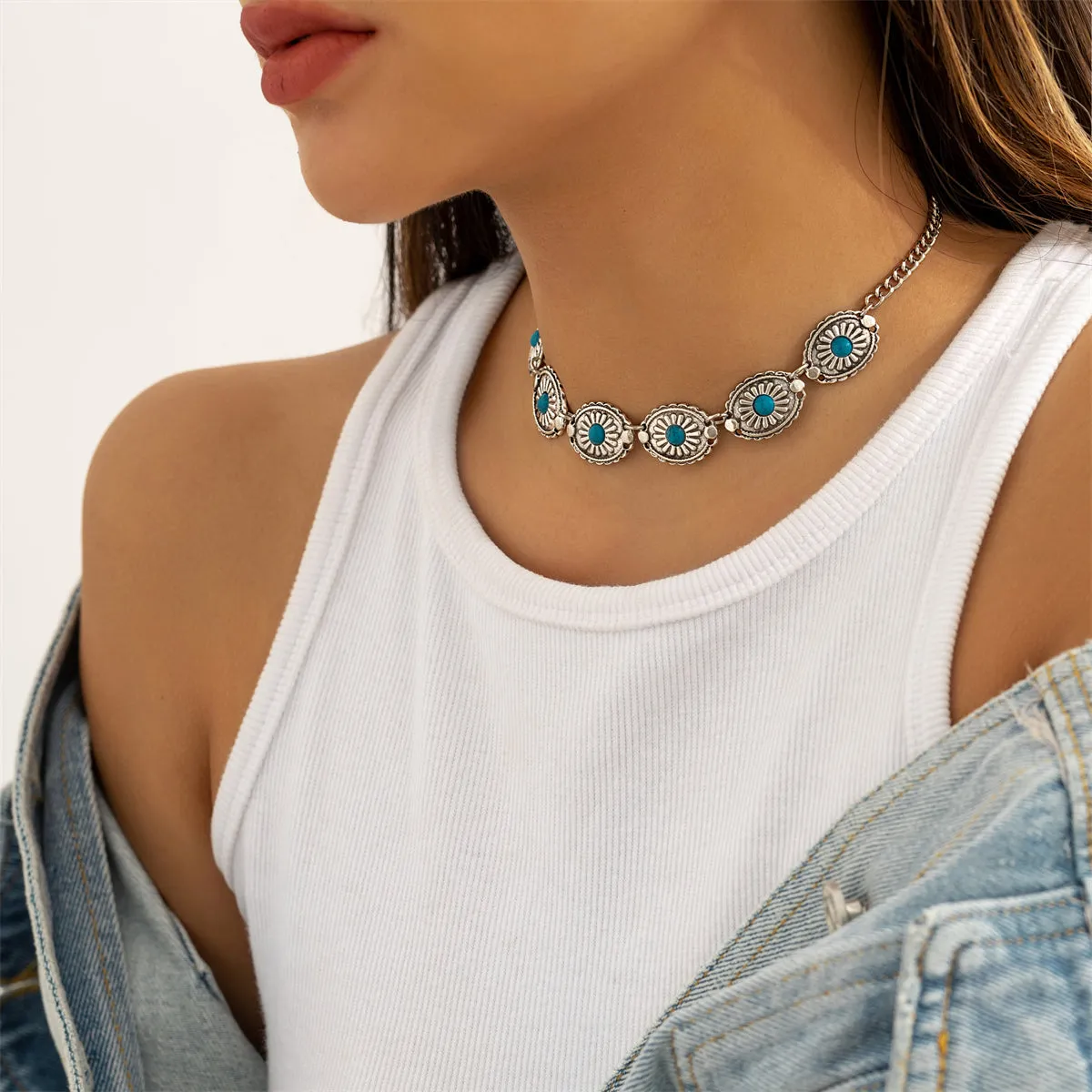 Turquoise & Silver-Plated Floral Oval Station Necklace