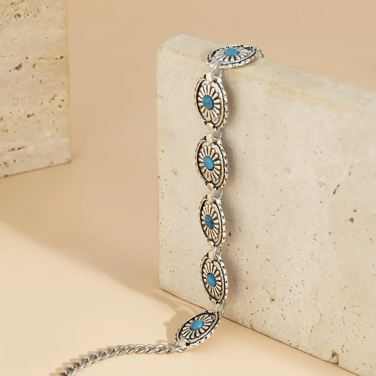 Turquoise & Silver-Plated Floral Oval Station Necklace