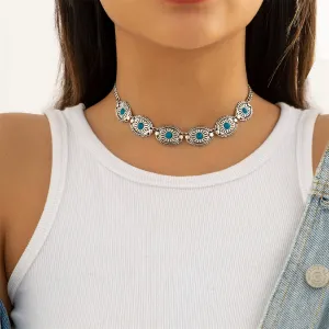 Turquoise & Silver-Plated Floral Oval Station Necklace
