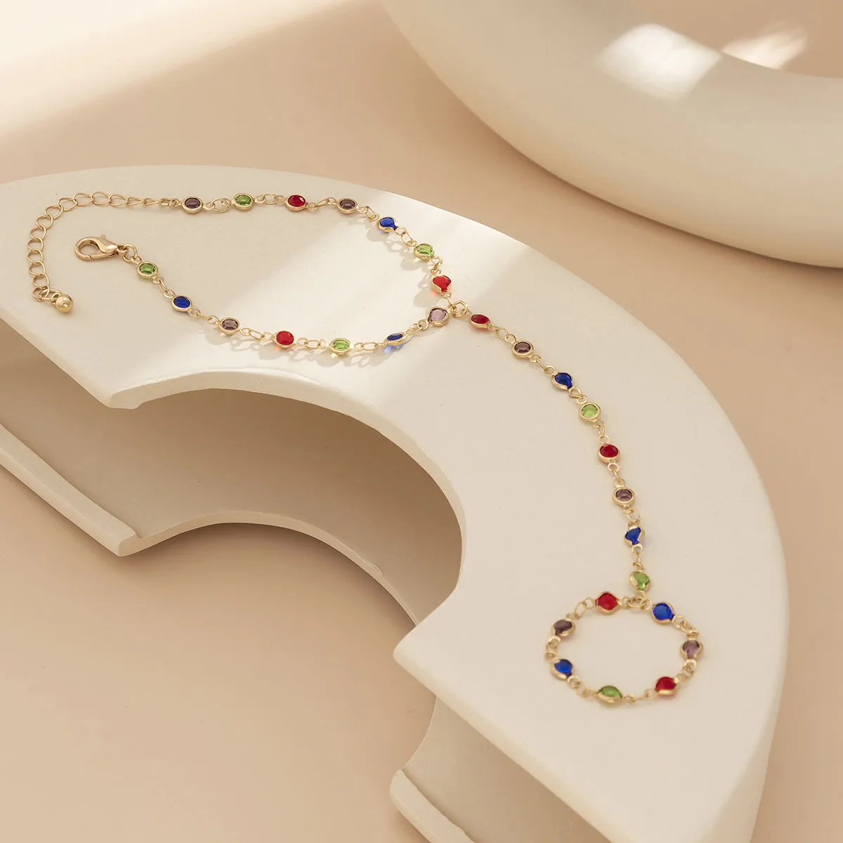 Vibrant Cubic Zirconia & 18K Gold-Plated Station Wrist-To-Ring Bracelet