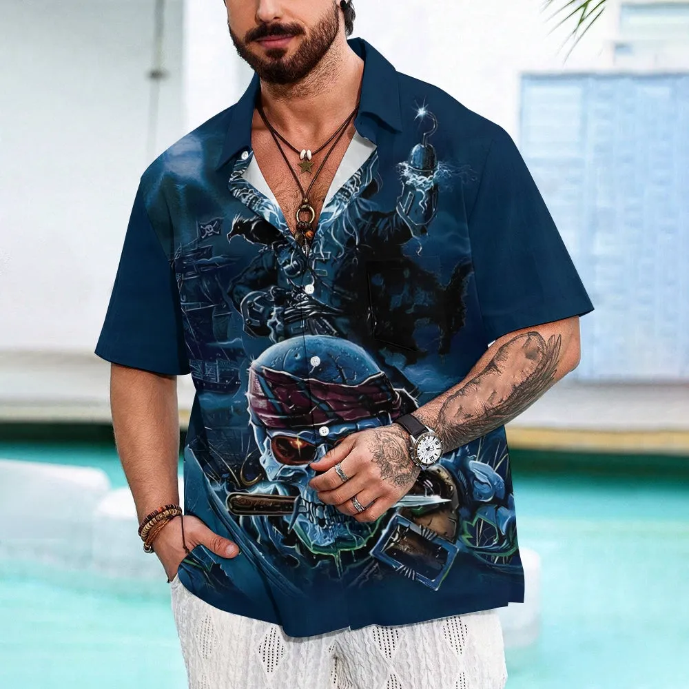 Vintage Nautical Pirate Skull Print Chest Pocket Short Sleeve Shirt 2411001986