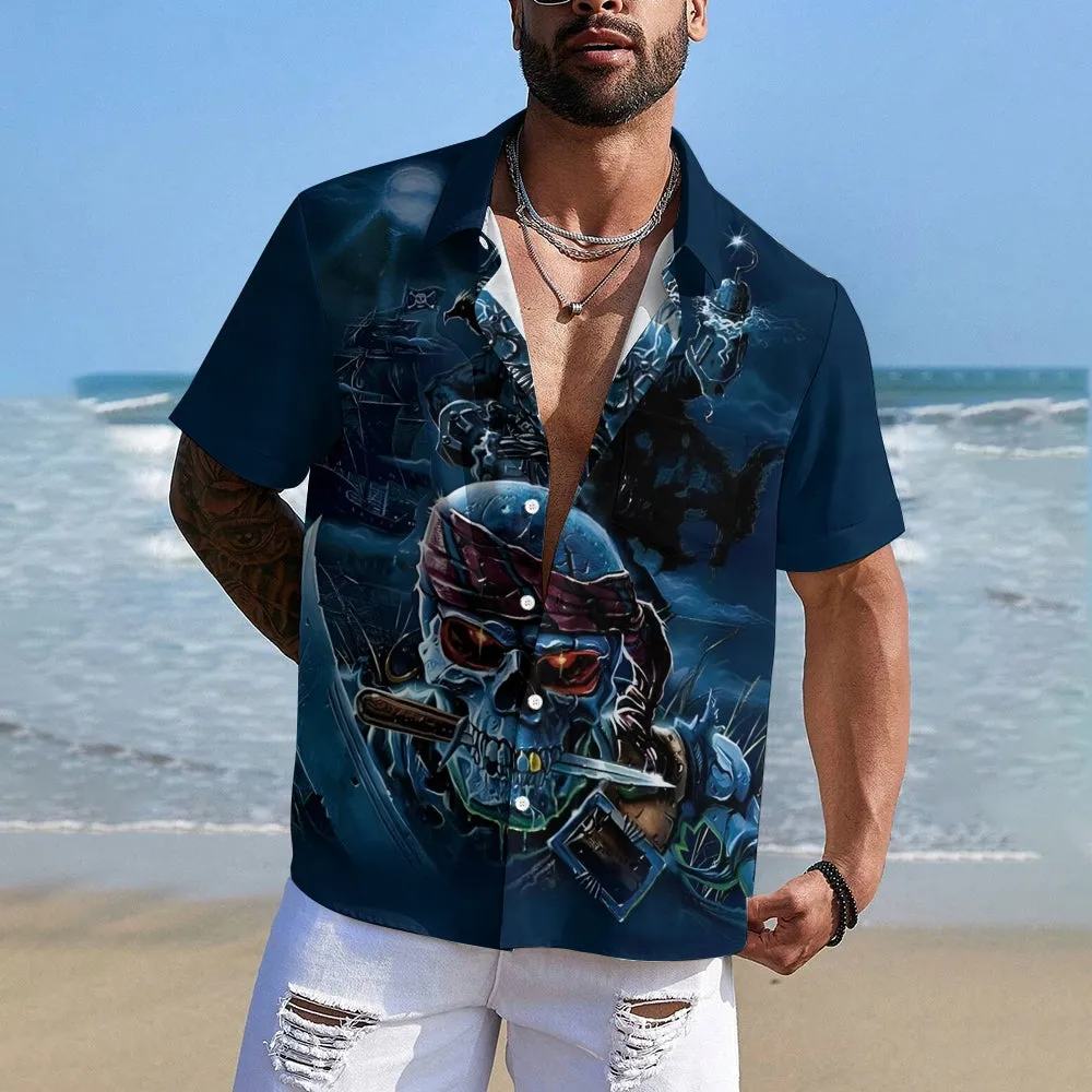 Vintage Nautical Pirate Skull Print Chest Pocket Short Sleeve Shirt 2411001986