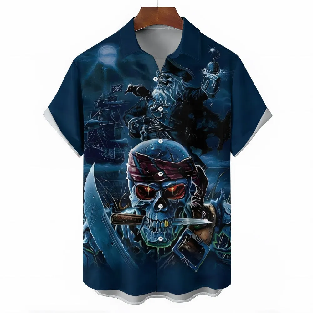 Vintage Nautical Pirate Skull Print Chest Pocket Short Sleeve Shirt 2411001986