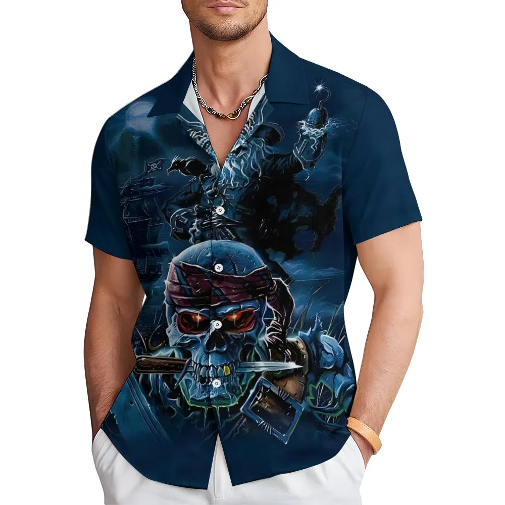 Vintage Nautical Pirate Skull Print Chest Pocket Short Sleeve Shirt 2411001986