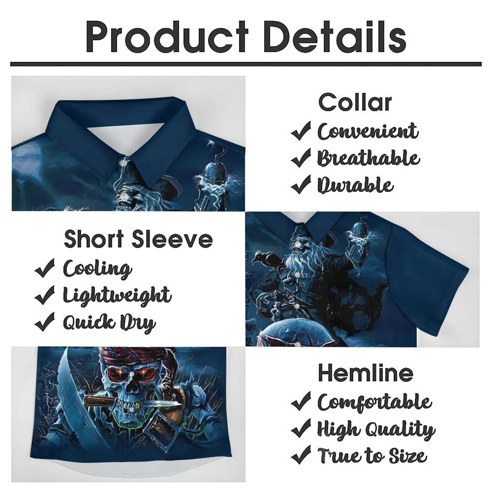 Vintage Nautical Pirate Skull Print Chest Pocket Short Sleeve Shirt 2411001986