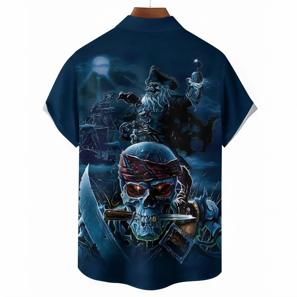 Vintage Nautical Pirate Skull Print Chest Pocket Short Sleeve Shirt 2411001986