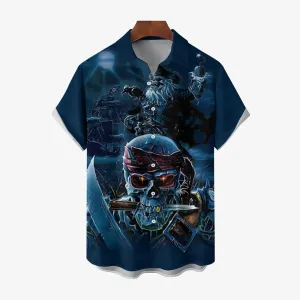 Vintage Nautical Pirate Skull Print Chest Pocket Short Sleeve Shirt 2411001986