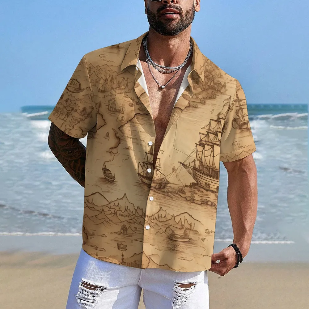 Vintage Sailing Sailboat Print Chest Pocket Short Sleeve Shirt 2411005966