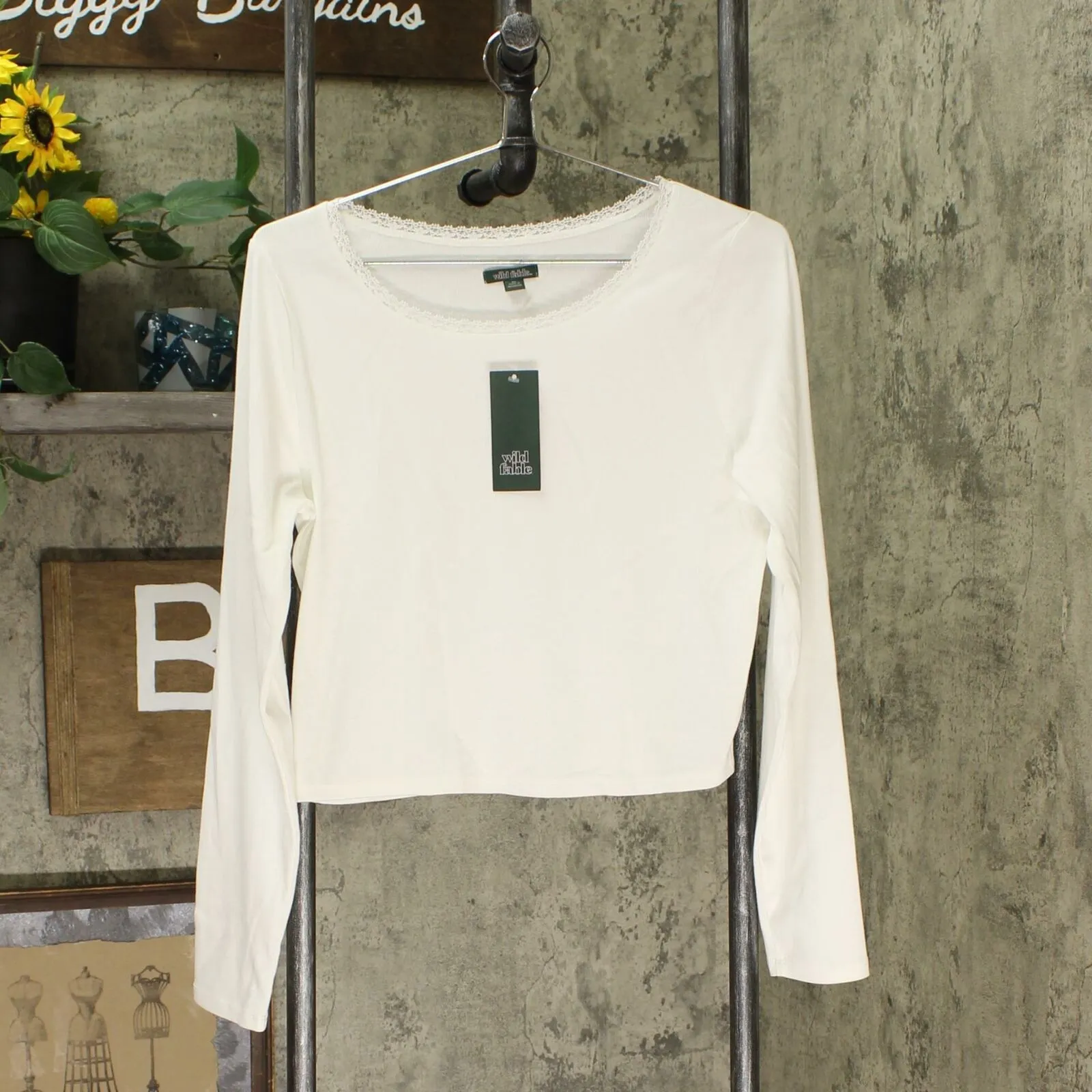 Wild Fable Women's Long Sleeve Crewneck Lace Trim T-Shirt