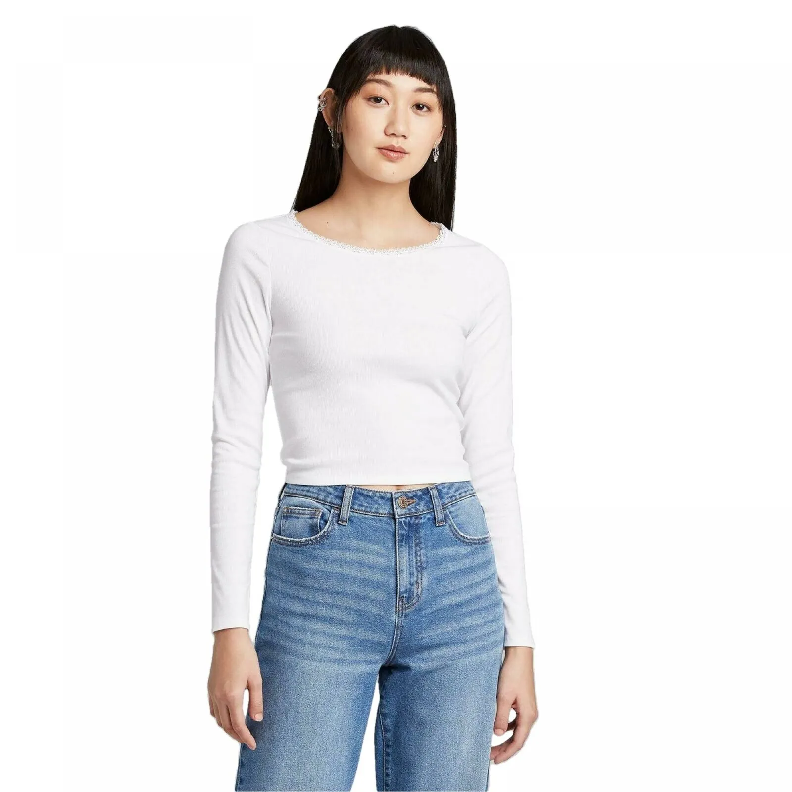 Wild Fable Women's Long Sleeve Crewneck Lace Trim T-Shirt