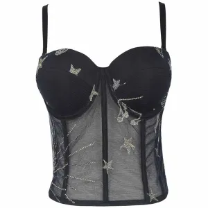 Women Black Flocked Velve Embellished Mesh Bralet Crop Top