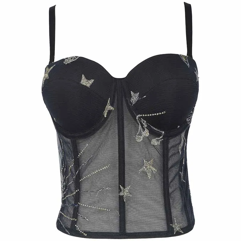 Women Black Flocked Velve Embellished Mesh Bralet Crop Top