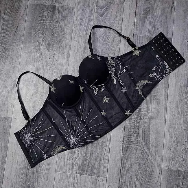 Women Black Flocked Velve Embellished Mesh Bralet Crop Top