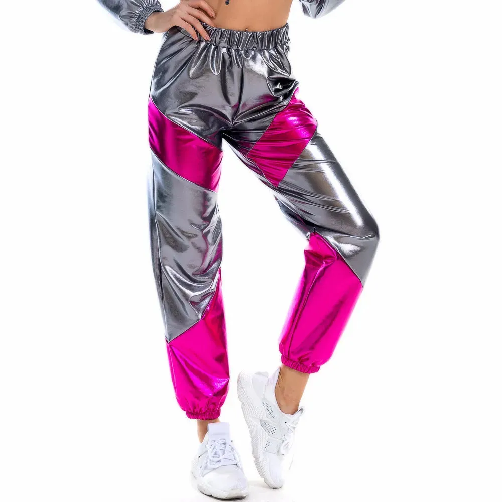 Women Reflective Long Pants with Pockets High Waist Loose Holographic Patchwork Trousers Club Dance Jogger Pants Clubwear LJ201130
