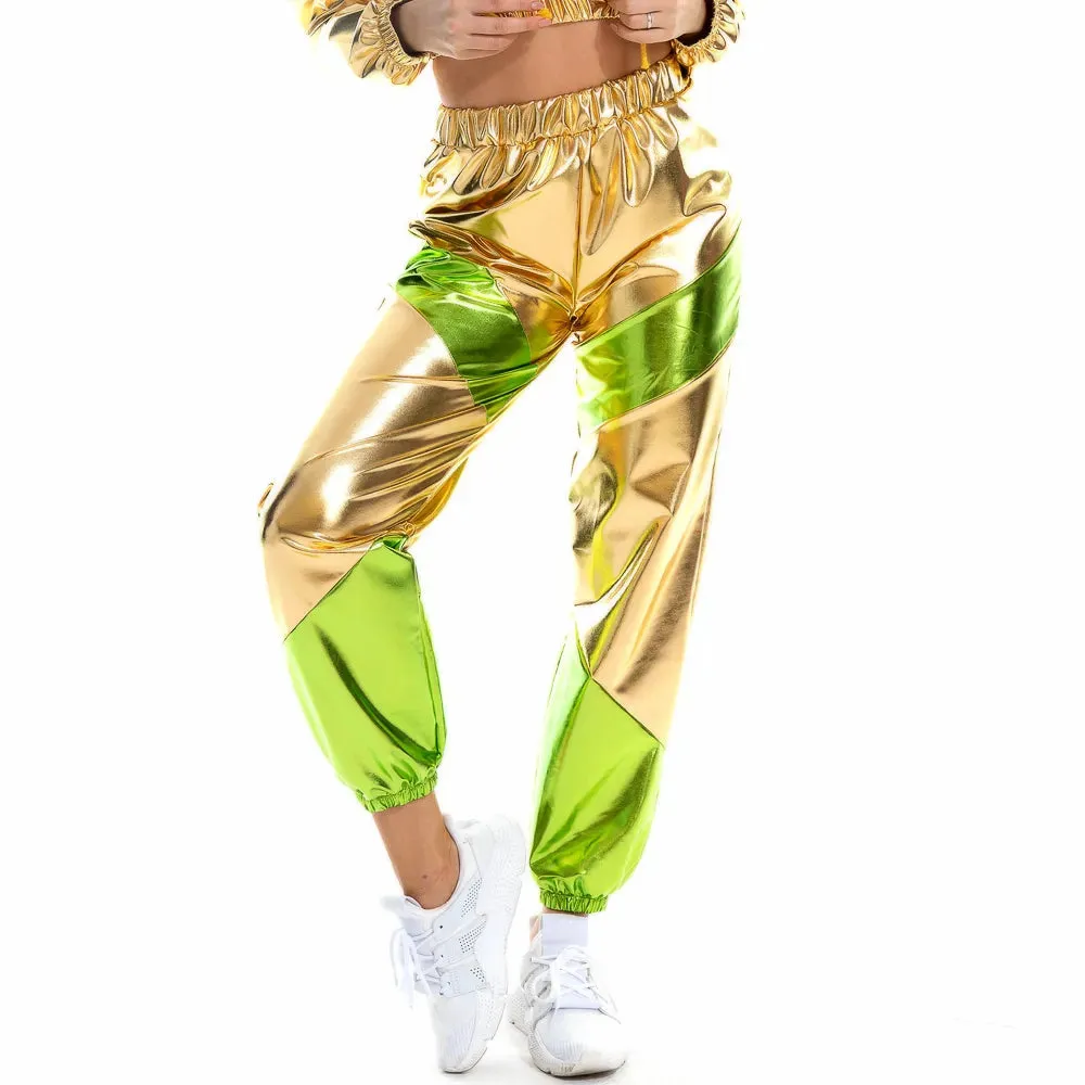 Women Reflective Long Pants with Pockets High Waist Loose Holographic Patchwork Trousers Club Dance Jogger Pants Clubwear LJ201130