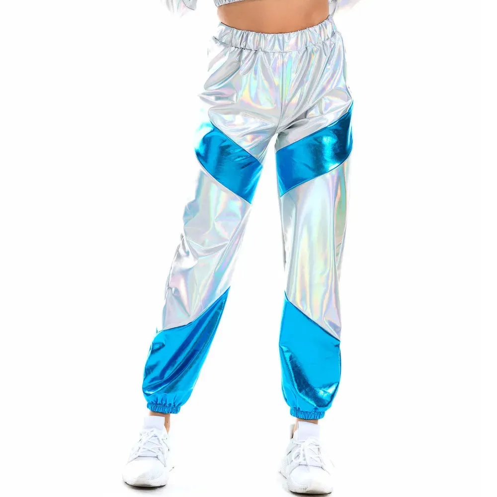 Women Reflective Long Pants with Pockets High Waist Loose Holographic Patchwork Trousers Club Dance Jogger Pants Clubwear LJ201130