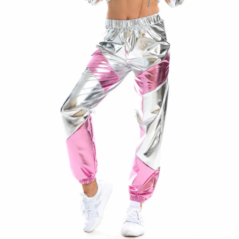 Women Reflective Long Pants with Pockets High Waist Loose Holographic Patchwork Trousers Club Dance Jogger Pants Clubwear LJ201130