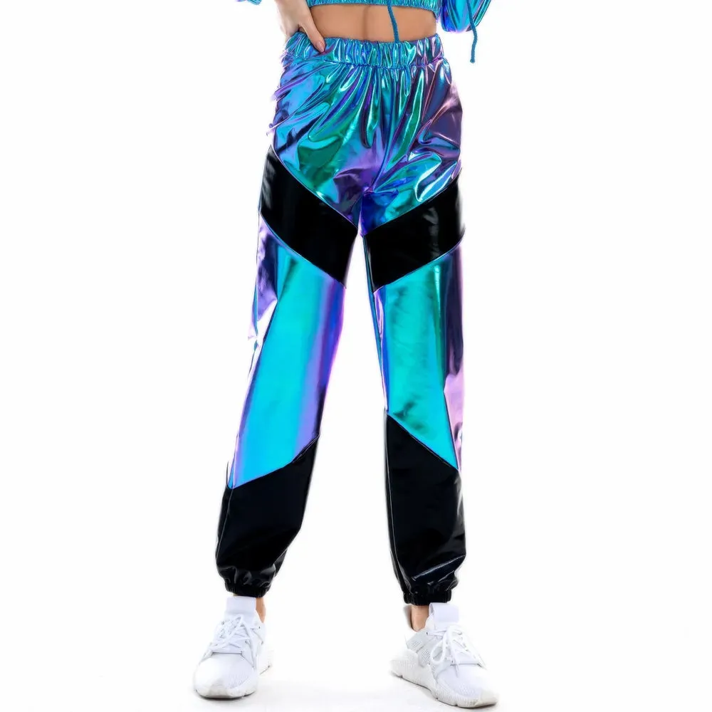 Women Reflective Long Pants with Pockets High Waist Loose Holographic Patchwork Trousers Club Dance Jogger Pants Clubwear LJ201130