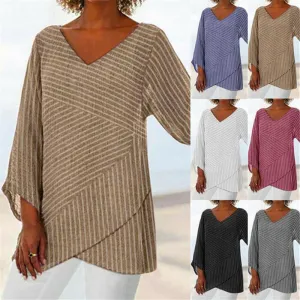 Women V-Neck Cross Long Sleeve Loose Irregular Hem Tops