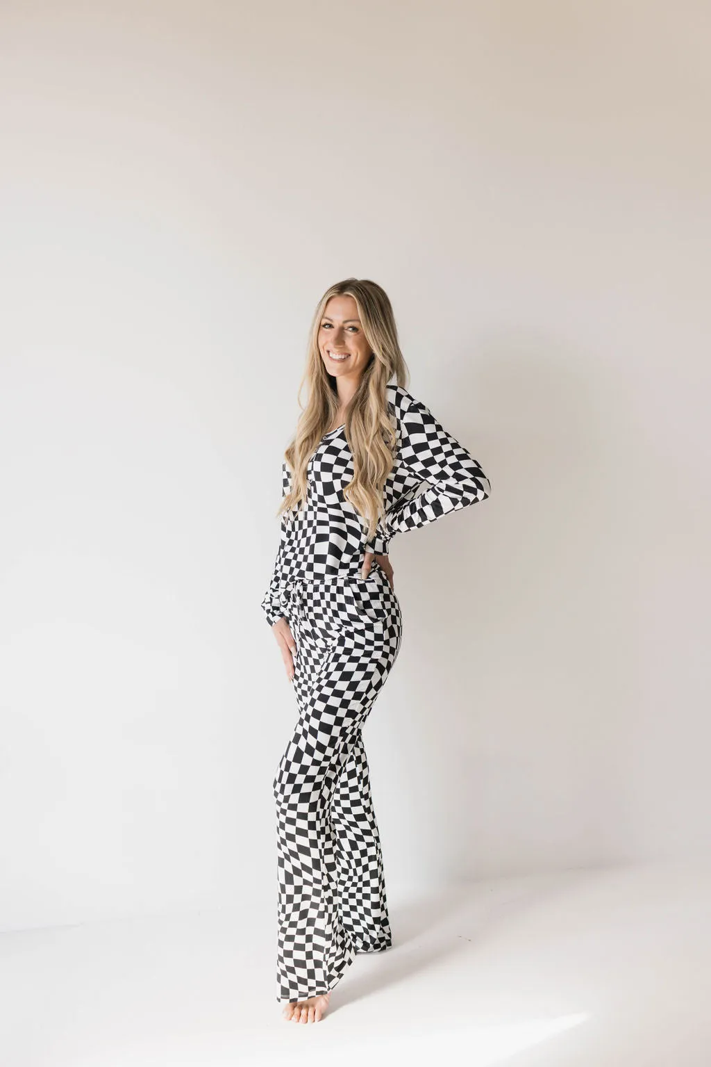 Women's Bamboo Pajama | Black & White Wavy Checkerboard