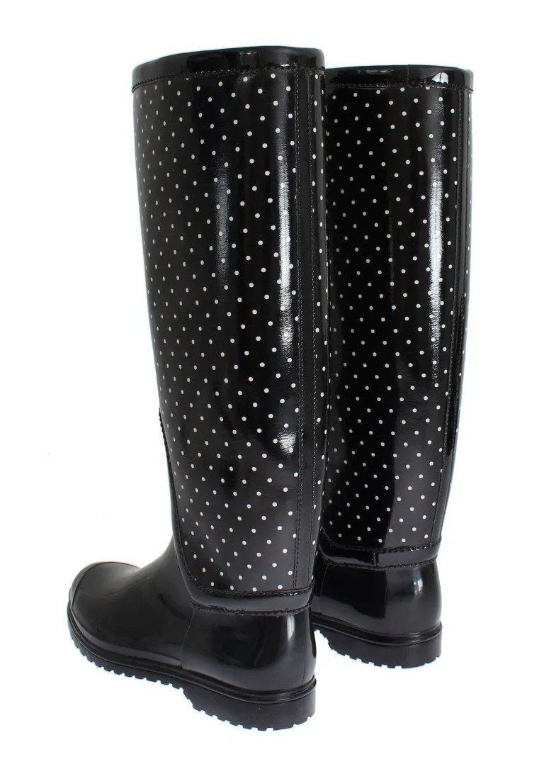 Women's Black Polka Dot Rubber Rain Boots