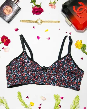 Women's Cotton Flower Print Black Bra - Non Padded Bra - 698