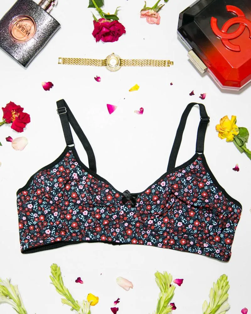 Women's Cotton Flower Print Black Bra - Non Padded Bra - 698