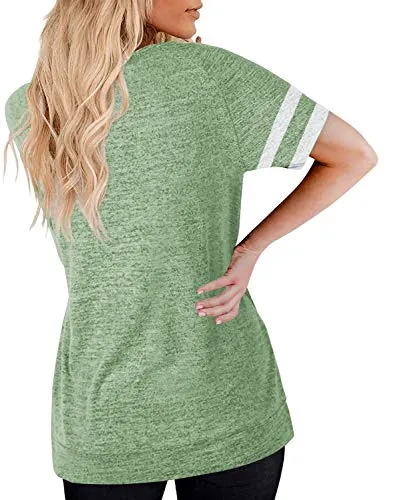 Womens Crewneck Short Sleeve Shirts Raglan Striped Color Block Baseball Tee Tunic Tops Green