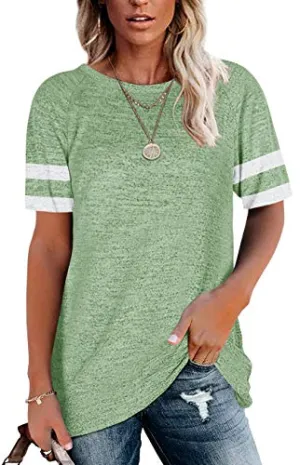 Womens Crewneck Short Sleeve Shirts Raglan Striped Color Block Baseball Tee Tunic Tops Green