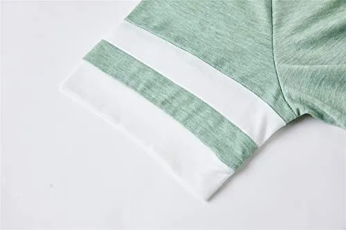 Womens Crewneck Short Sleeve Shirts Raglan Striped Color Block Baseball Tee Tunic Tops Green
