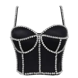 Womens Crop Tops Rhinestone Strap Push Up Corset Bra Dance Tank