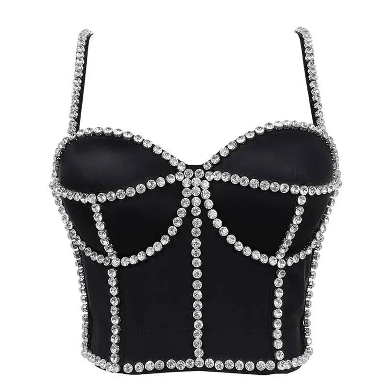 Womens Crop Tops Rhinestone Strap Push Up Corset Bra Dance Tank
