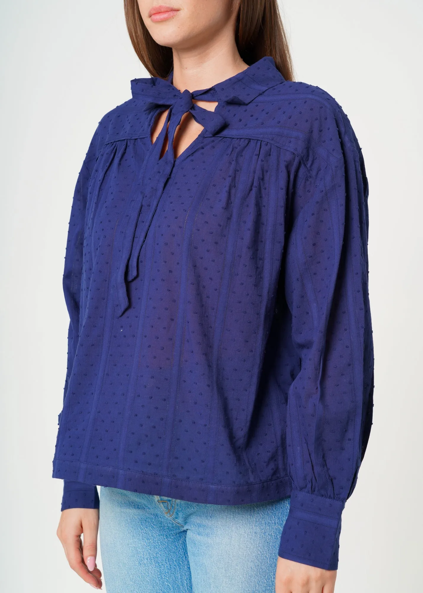 Women's Dotted Tie Neck Blouse in Midnight Stripe