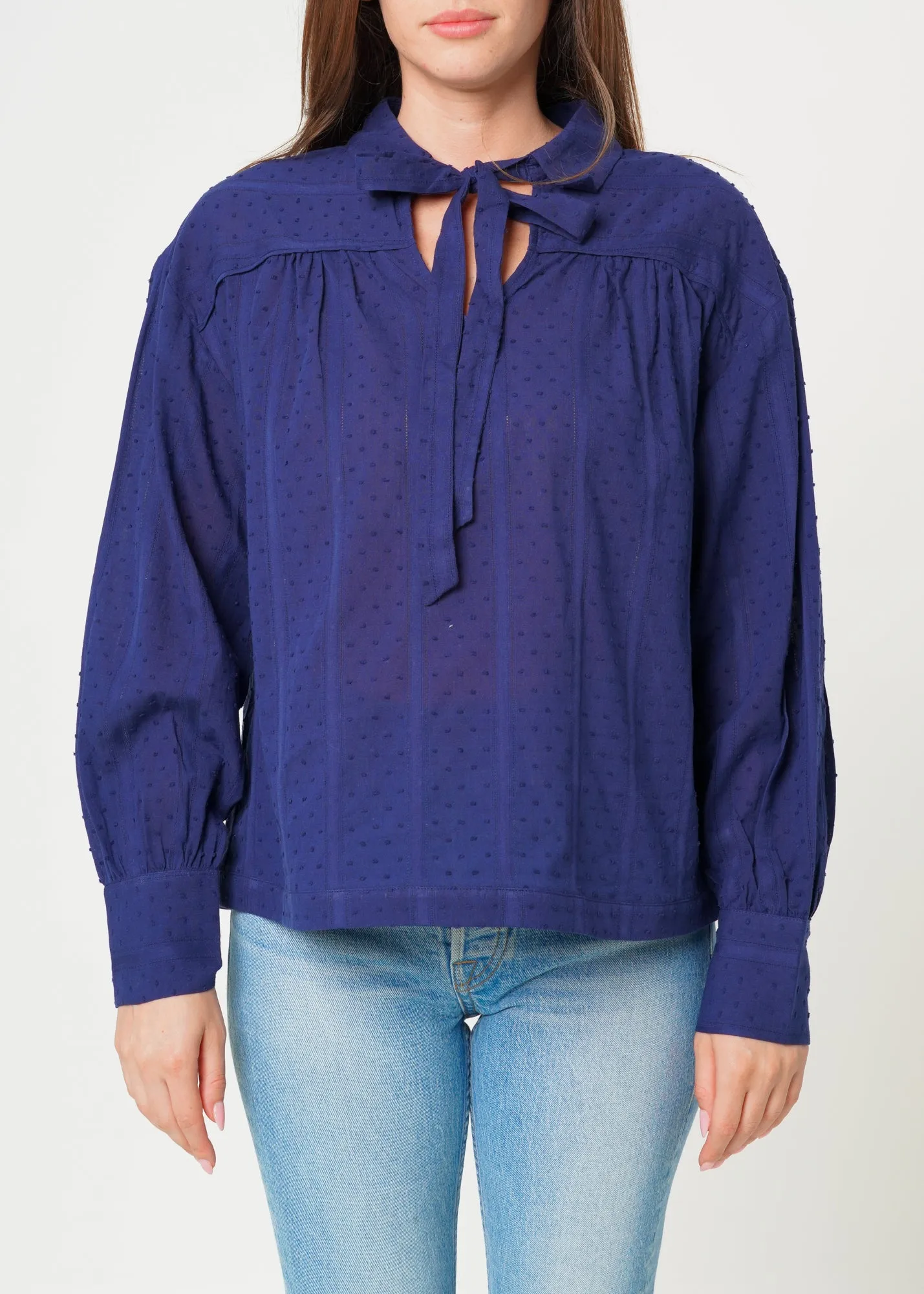 Women's Dotted Tie Neck Blouse in Midnight Stripe