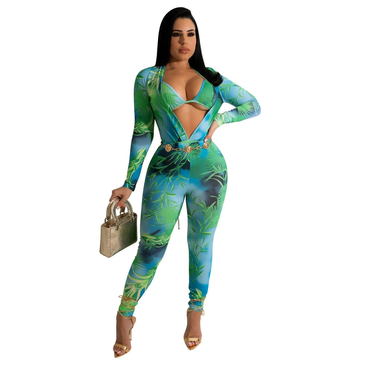 Women's Fashion Bodysuit Print Bodysuit Long Sleeve Pants Set