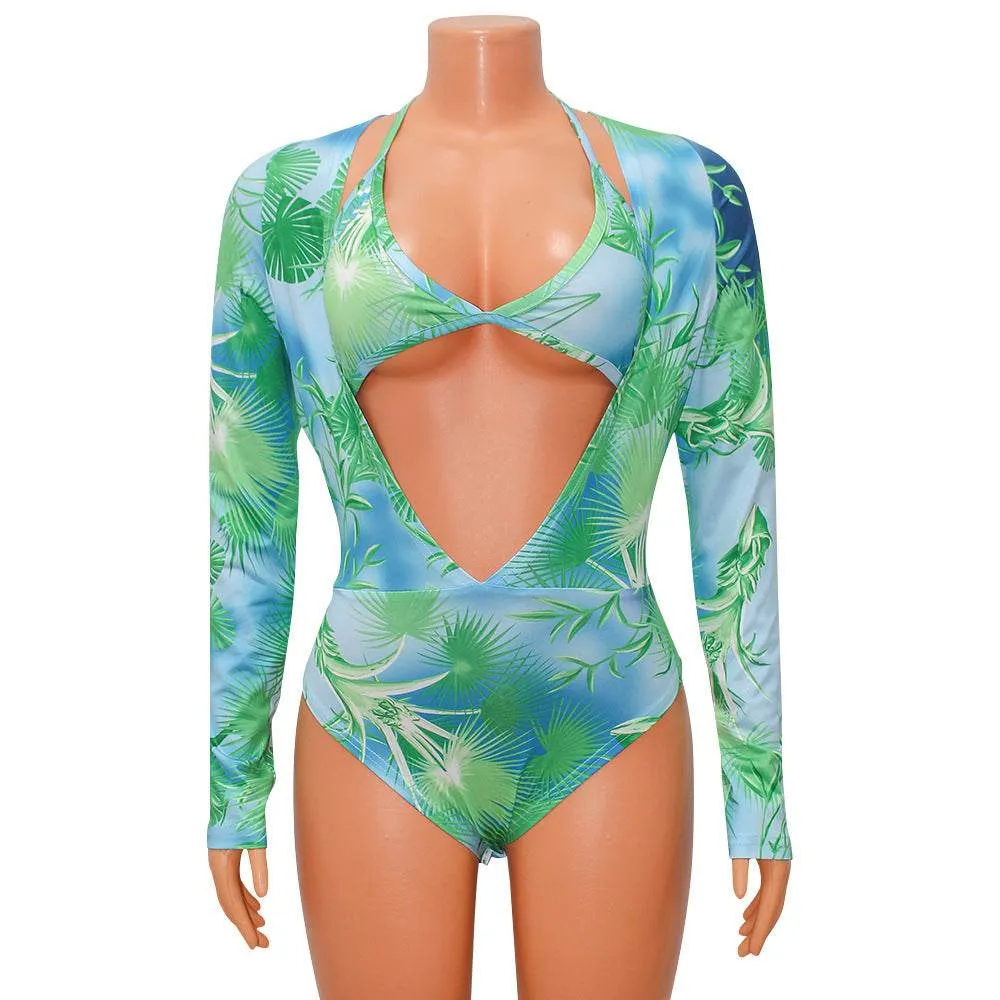 Women's Fashion Bodysuit Print Bodysuit Long Sleeve Pants Set