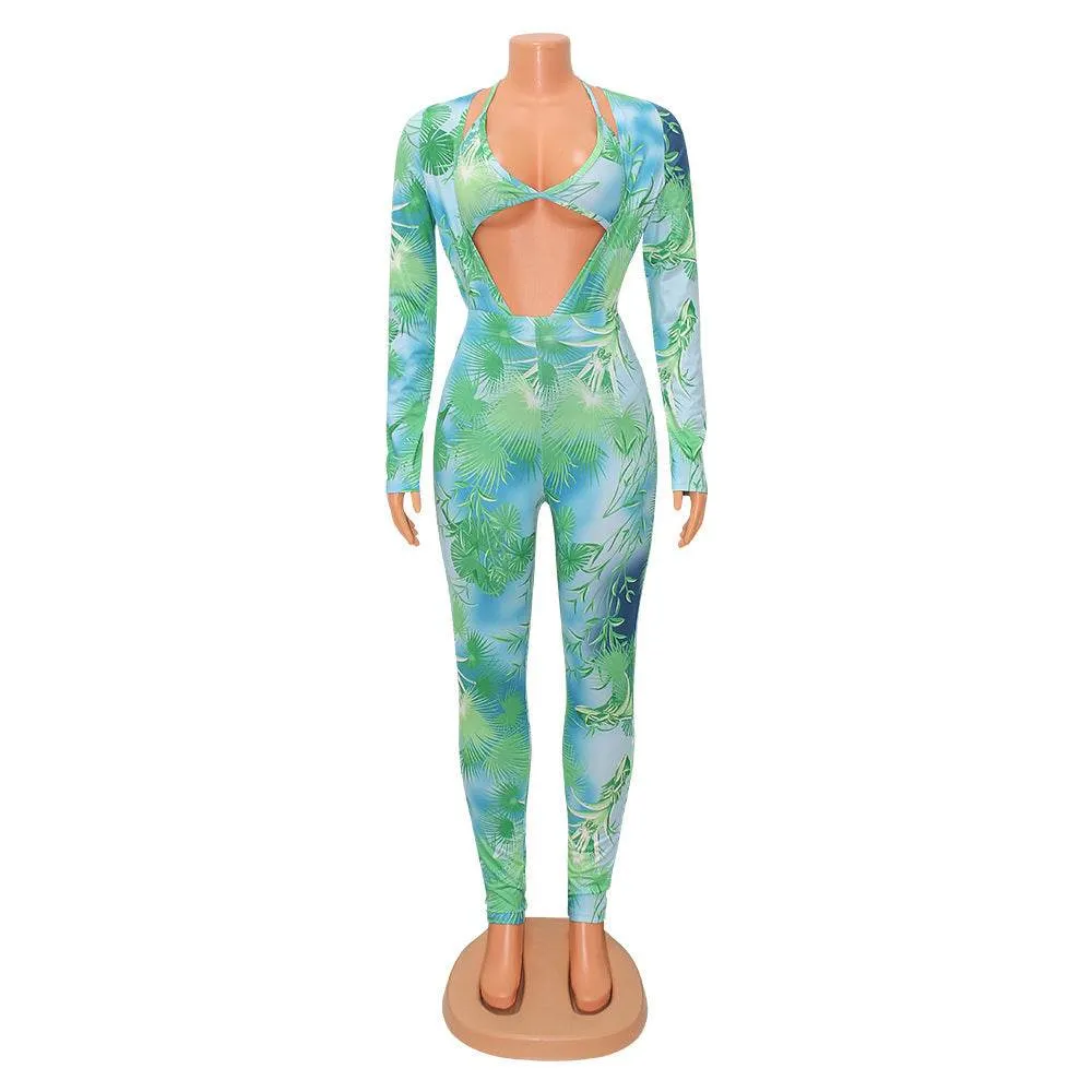 Women's Fashion Bodysuit Print Bodysuit Long Sleeve Pants Set