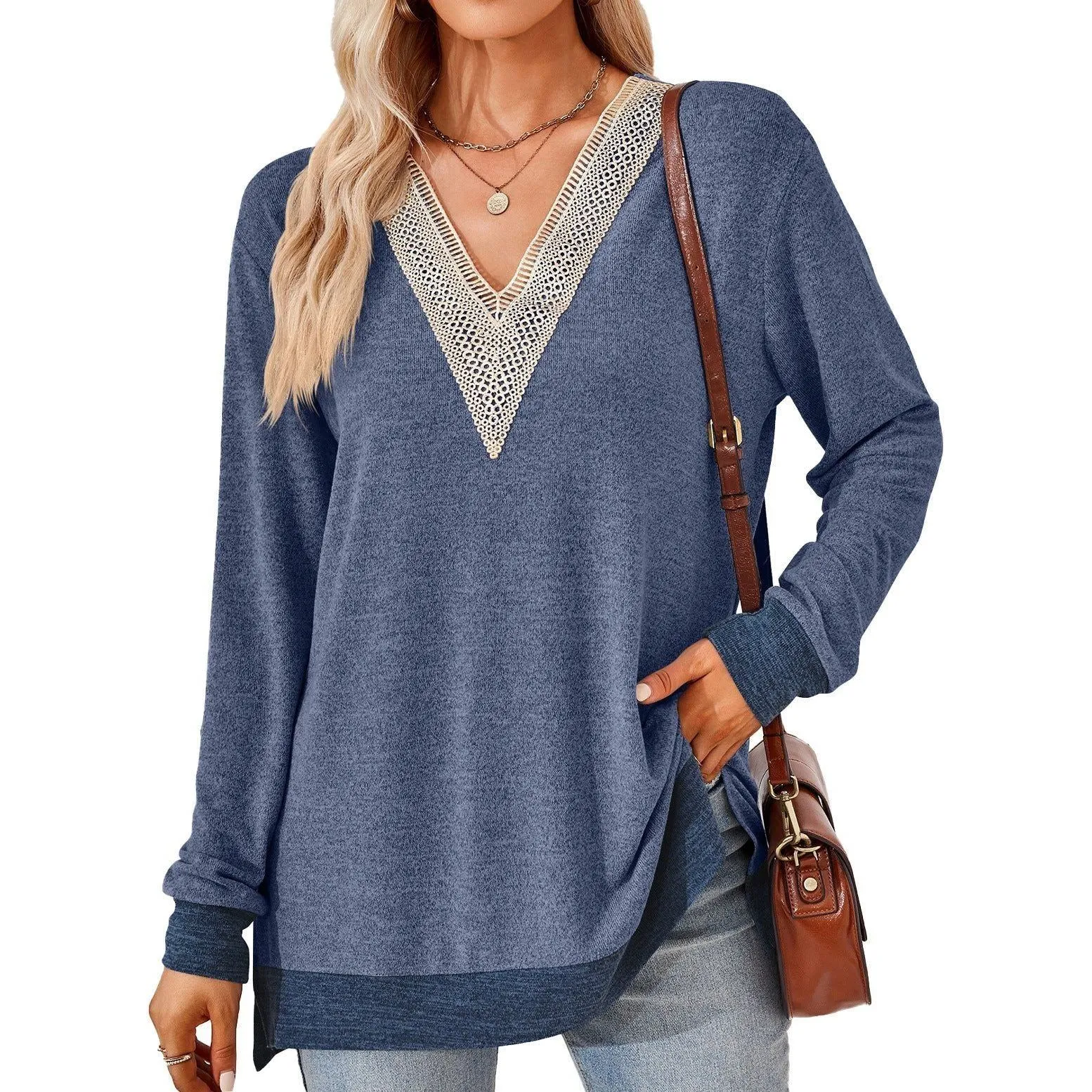 Women's Fashion V-neck Lace Solid Color Loose-fitting T-shirt Top