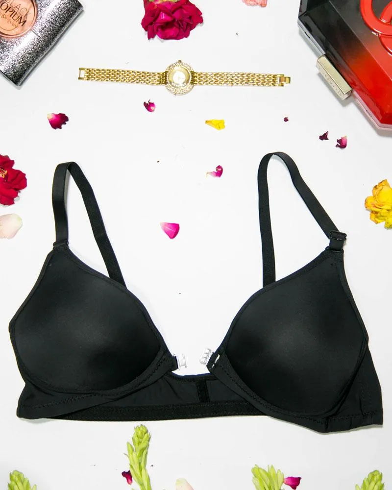 Women's Front Open Black Bra - Push Up Bra, Single Padded Bra