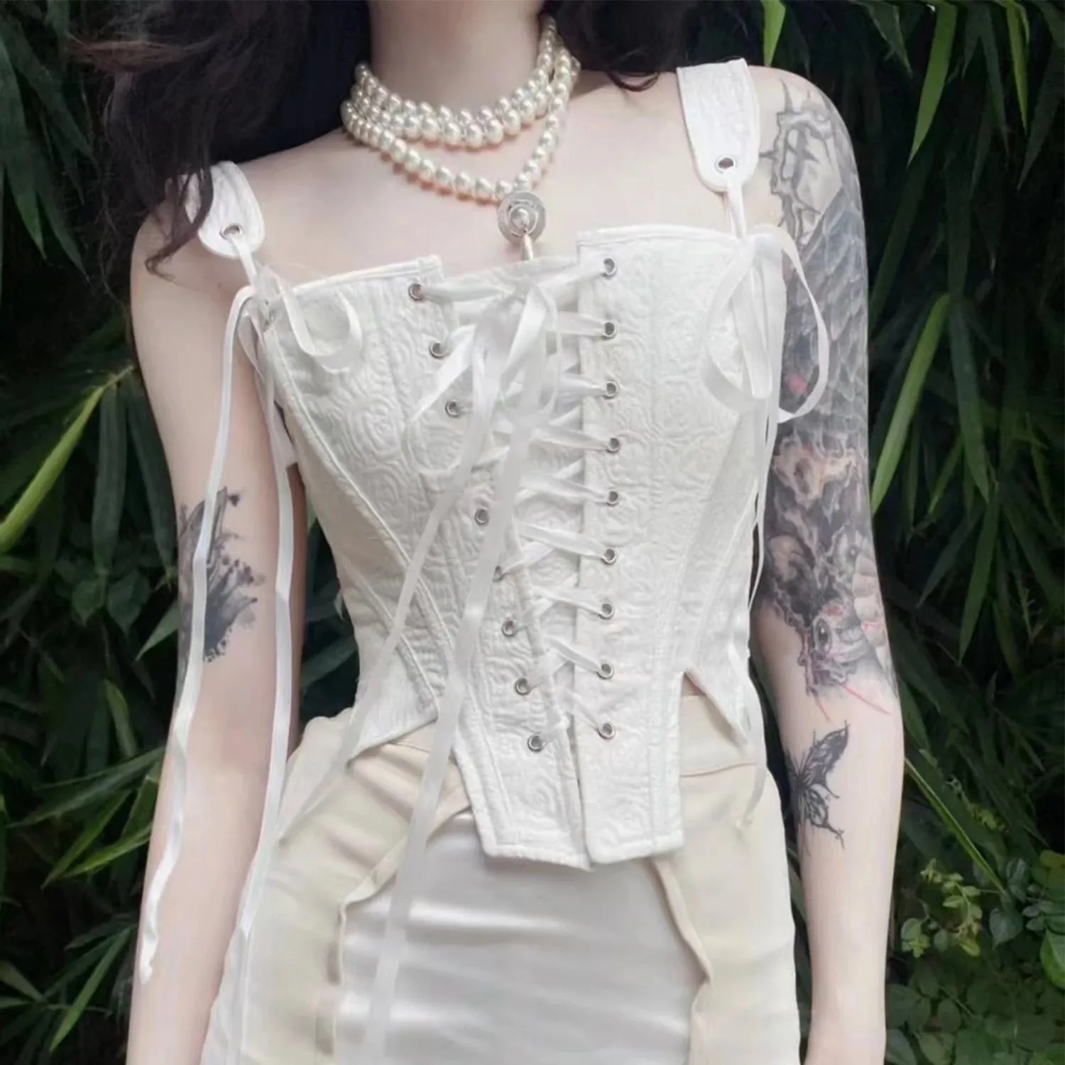 Women's Gothic Corset Vest Women Strappy Jacquard Crop Top Summer Slim Fit Camisole Bustier